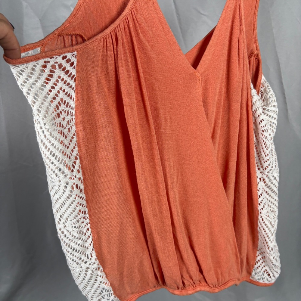 Free People Coral Orange Crochet Lace Side Wrap Bubble Strappy Cami Tank Top L
